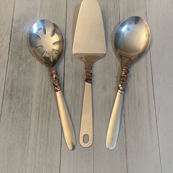 Wire Wrapped Beaded Stainless Steel Kitchen Utensils 3 Piece Serving Set - Picture 1 of 9